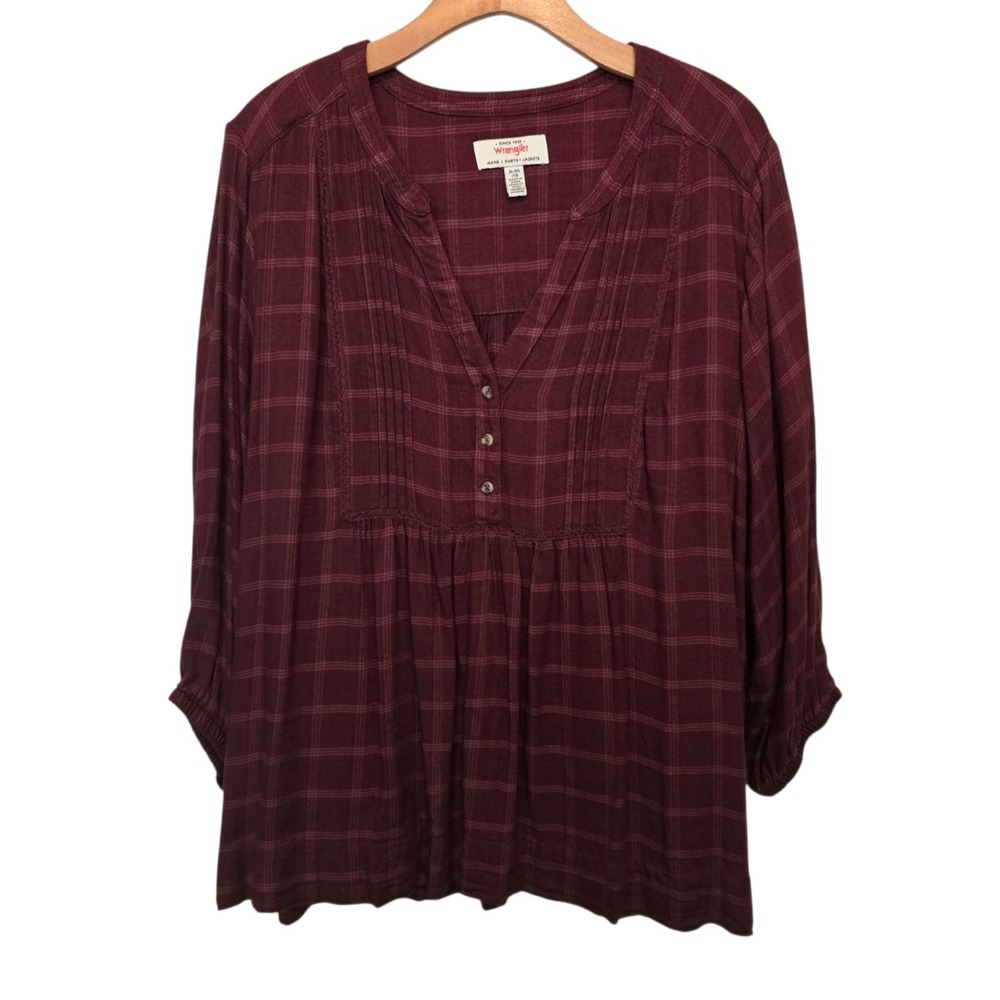 Wrangler Top Ladies' Plaid 3/4 Sleeve Blouse Red Sz XL Rodeo Cowgirl